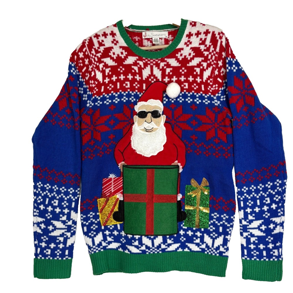 Jolly Sweaters Ugly Christmas Sweater Santa Sequin Fair Isle Drink Pouch S